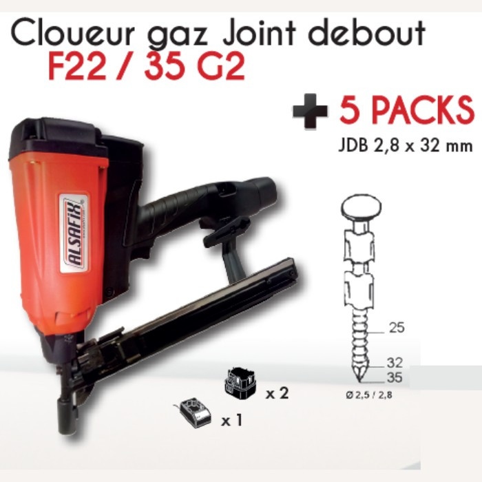 Cloueur GAZ F22/35 G2 joint debout + 5 packs + 10 cartouches